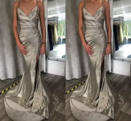 Sparkly Sier Sequins Prom Dresses Spaghetti Straps Mermaid Side Slit Sweep Train Custom Made Evening Party Gown Formal Ocn Wear Vestido 403