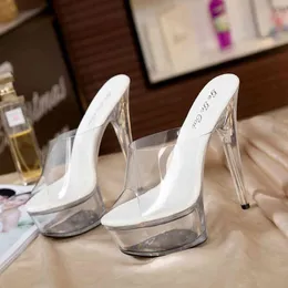STAN SHARK Women Sandal Female Model T Station Catwalk Sexy Crystal Transparent Shoes 15CM High Heels Waterproof Head Sandals Y0608