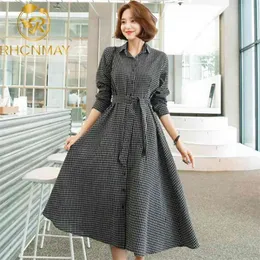 ロングシャツドレス女性韓国秋のカジュアルシックな袖の黒と白のチェックスリムな小説スタイル210506