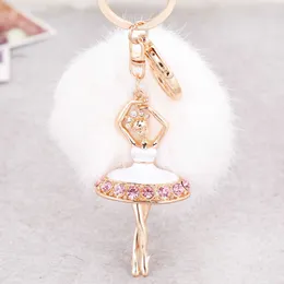 Metal Cute Ballet-Dancing-Angel Keychains Fluffy-Pompom Key Chain Rabbit-Fur-Ball Pompon Women Bag Car Pendant Key Ring Jewelry G1019