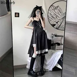 비대칭 검은 드레스 여성 하라주쿠 고딕 스파게티 스트랩 패치 워크 드레스 일본어 Y2K Goth Vestido de Mujer 210519