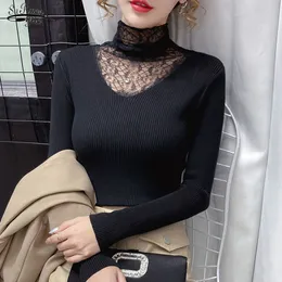 Koronki Szyfonowe Stojak Collar Downing Knitwear Mesh Szycie Długi Rękaw Damskie Slim-Fit Topy Kobiety Top Sweter Pull Femme 11588 210521