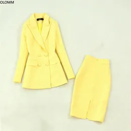 Kvinnors Skirt Suit Feminine Office Jacket Two-Piece Fall Yellow Blazer Högkvalitativ Slim-Fit Höft 210527