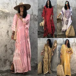 2021 Czeski Paski Plus Size Kaftan Beach Cover-Ups Loose Lato Maxi Sukienka dla kobiet Beachwear kostium kąpielowy pokrywa 210319