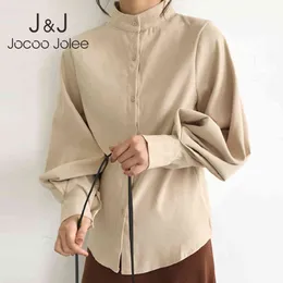 Jocoo Jolee女性ヴィンテージロングランタンスリーブ厚さのブラウス女性スタンドカラーシングルブレストルースシャツストリートウェアトップ210518