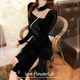 Francuski Vintage Czarna sukienka Kobiety Wiosna Z Długim Rękawem Slim Evening Party Dress Sukienka Gothic Sukienka Koran Zima 210521
