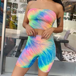 JOCOO JOLEE SEXY STRAPLESS TUPE TOPP OCH SHORTS SUITS KVINNA FASHION TIE-DYE Två stycken Sats Club Crop Tops Outfits 210518