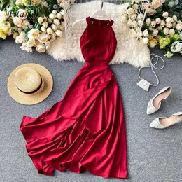 Fitaylor Summer Spring Elegant Knitted Halter Solid Sleeveless Vivid Color Women Female A-line High Waist Long Dress Y0603