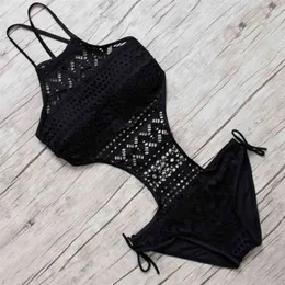 Sexy Swimsuit Backless Halter Beach Swimwear Crochet Bikini Bathing Suit Black Swimming For Women 210629