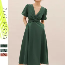 Kvinnor Klädsel Kort Lantern Sleeve Bind Twist V Neck Over Knee Midi A-Line Dresses Vestido de Mujer 210608