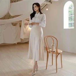 2 piece set Suit Korea Ladies brought a word shoulder white shirt and Long Skirt 210602