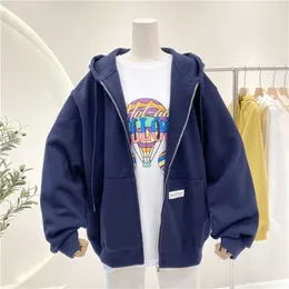 Biggorange plus storlek pullovers hoodie brun blå zip upp sweatshirt sommar jacka överdimensionella kläder vintage fickor toppar 211013