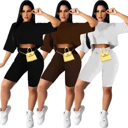 Nya sommarkvinnors spårningsdräkter korta ärmdräkter t-shirts Crop Top+Shorts Pants 2 Piece Set Plus Size 2xl Jogger Suit Casual Sportswear Brown Letter Sweatsuits 4661