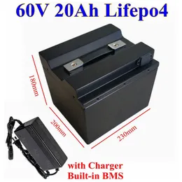 Laddningsbar 60V 20AH LIFEPO4 LITIUM Batteripaket med BMS 20S för Scooter Bike Tricycle Solar Backup Power Supply +3A Charger