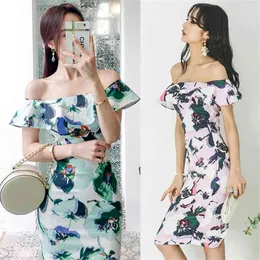 Elegancka Pring Koreańska Damska Dress Bez Rękawów Wzburzyć Kwiat Off Ramię Sexy Club Bodycon Party Dla Kobiet Chiny 210602