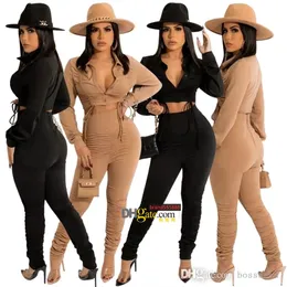 Women Two Piece Pants Set Designer Drawstring Fold Pleated Shirt Breasted Cardigan Fashion High Waist Casual Suit