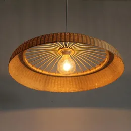 Bambus Wiklinowy Rattan Ring Shade Wisiorek Lampy Oprawa Rustic Vintage Prymitywne Wiszące Projekt Restauracja E27 E26 Bulb