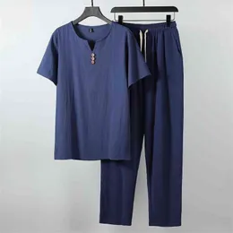 Men's Solid Color Clothing Plus Size Tracksuit Summer Suit Linen Cotton T-shirt Casual Male Set 7XL 8XL 9XL Big Two Pcs Men Set 210722