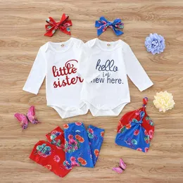 Çocuklar Giyim Setleri Kız Kıyafetler Bebek Mektubu Romper Tops + Çiçek Çiçek Baskı Pantolon + Kafa + Şapkalar 4 adet / takım Bahar Sonbahar Moda Bebek Giysileri