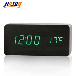 JINSUN Sveglia LED Ora/data/temperatura Digitale in legno di bambù Orologi da tavolo vocali Display a LED Desktop Orologi da tavolo digitali 211111