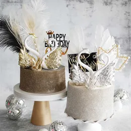 Romantic Gold Silver Crown Swan Ornate Happy Birthday Cake Topper Dress Feather Gauze Wedding Cake Decoration Party Supplies 211216