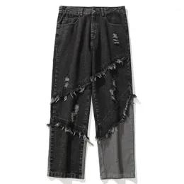 Mäns Jeans Ripped 2021 Loose Casual Tassel Baggy Wide Ben Byxor Män Harajuku Straight Pant Streetwear Denim Pants Hip Hop