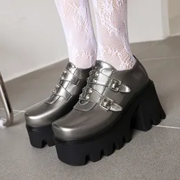 Womens Rivet Lolita Gothic Punk Pumps Shoes Platform Chunky High Heel Creepers Japanese Harajuku Square Toe 2021 Dress