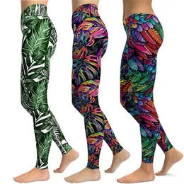 Kvinnor Leggings High Waist Leaf Printed Byxor Tights Sport Trainer Running Trousers Workout Sportswear 211204