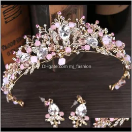 Jewelry Baroque Rhinestone Queen Wedding Crown Tiaras Pink Bridal Crystal Tiara And Earring Hair Jewelry Aessories 2329 Drop Delivery 2021 1W