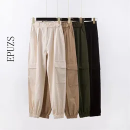 Vintage black khaki cargo pants women pockets loose baggy harem elastic high waist pencil trousers ladies Fall 210521