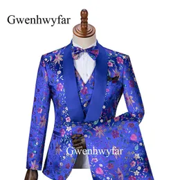 Gwenhwyfarユニークなシースターフラワーパターンメンズスーツロイヤルブルーラペル新郎プロムパーティー3ピース衣装結婚ホムオスTuxedo x0909