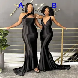 Black Mermaid Deep V-Wee Bridesmaid Платья Одно плечо Свадьба Гостевое Платье Размель Поезд Сатин Страна Горничная платья