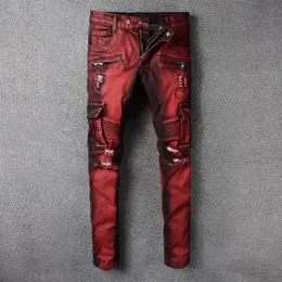 Moda Streetwear Mężczyźni Dżinsy Czerwony Kolor Slim Fit Elastyczna Splity Ripped Big Kieszonkowe Dżinsowe Spodnie Cargo Biker Homme Męskie