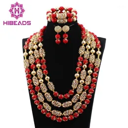Ohrringe Halskette Luxuriöse Goldbasis Fügen Sie rote Korallenperlen hinzu Schmucksets Afrikanische Hochzeit Braut-/Damenset CJ869