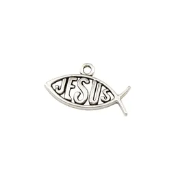 150pcs / lot antikviteter Silver Jesus fisk charms hängsmycken för smycken gör armband halsband fynd 13x23mm