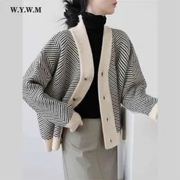 WYWM Herbst Gestreifte Gestrickte Strickjacken Pullover Frauen Vintage Koreanische Chic Langarm Mantel Mode Streetwear Lose Weibliche Tops 210922