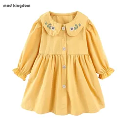 Mudkingdom Toddler Girls Dresses Button Front Floral Peter Pan Collar Girl Spring Dress Cute Ruffle Long Sleeve Kids Clothes 211231