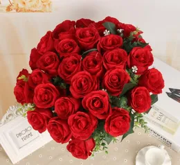 Wedding decorative Flowers High Quality 9 heads Silk rose Bouquet with Leaf Artificial Flowe