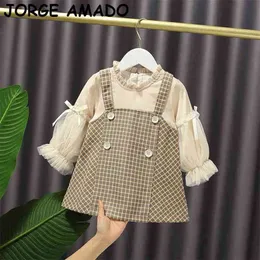 British Style Girl Dress Autumn Plaid Bubble Rękaw Princess Kids Clothes 1-5t E20360 210610