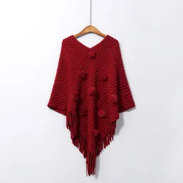 Women Knitted Pullovers Khaki Red Solid Loose Winter Tassel Hairball Capes C0031 210514