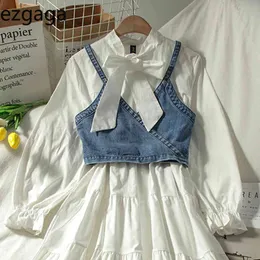Ezgaga Two Peice Set for Women Autumn Korean Fashion Denim Tank Top and Female Solid Camis White Bowknot Slim Waist Dress 210430