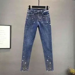 Fashion Jeans Fall Slim Elastic High Waist Vertical Stripe Drilling Jean Pencil Pants Students Denim 210809