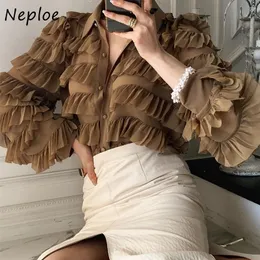 Neploe koreanska tungt arbete Cupcake Ruffles Design Blus Kvinnor Slå ner Krage Långärmad Loose Blusas Ol Feminino Shirt 210317