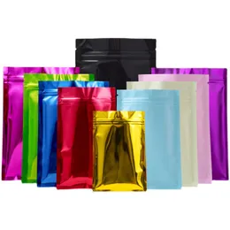 Färgglada Utskrift Zip Lock Gift Packing Väskor Glänsande Mylar Folie Påse Platt Bottom Prov Power Packaging Bag Båda sidan är solida färger