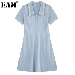 [EAM] Women Blue Button Contrast Collor Knitting Dress Lapel Short Sleeve Loose Fit Fashion Spring Summer 1DD7913 210512
