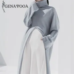 Genayooa Womens Turtleneck 풀오버 스웨터 긴 소매 빈티지 느슨한 니트 스웨터 분할 단단한 긴 점퍼 숙녀 한국식 210918