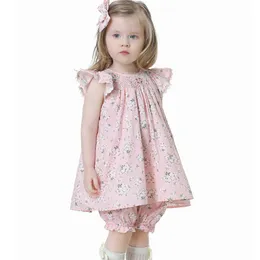 2 sztuk Baby Girl Smocked Floral Sukienka Niemowlę Smock Frocks Dzieci Hiszpańskie butikowe ubrania Toddler Handmade Smocking Sukienki 210615