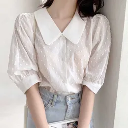 Korejpaa Woman Blouses Korean Style Chic Trendy Summer Elegant Turn Collar Wave Point Loose Bubble Sleeve Women Shirt Top 210526