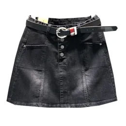 Skirts Black Denim Mini Skirt Women Autumn High Waist Stretch Anti-glare A-line Single Breasted Jeans