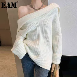 [EAM] Biały nieregularny sweter dziewiarski luźne dopasowanie z długim rękawem kobiety swetry moda jesień zima 1dd6038 210512